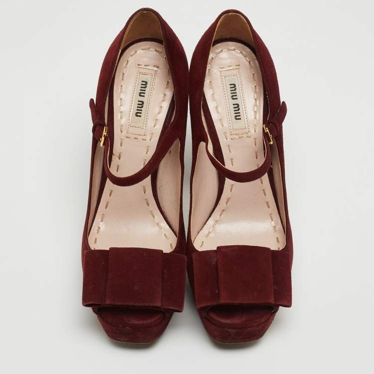 Pre Owned Miu Miu Burgundy Suede Mary Jane Bow Peep Toe Platform Pumps Size 36.5