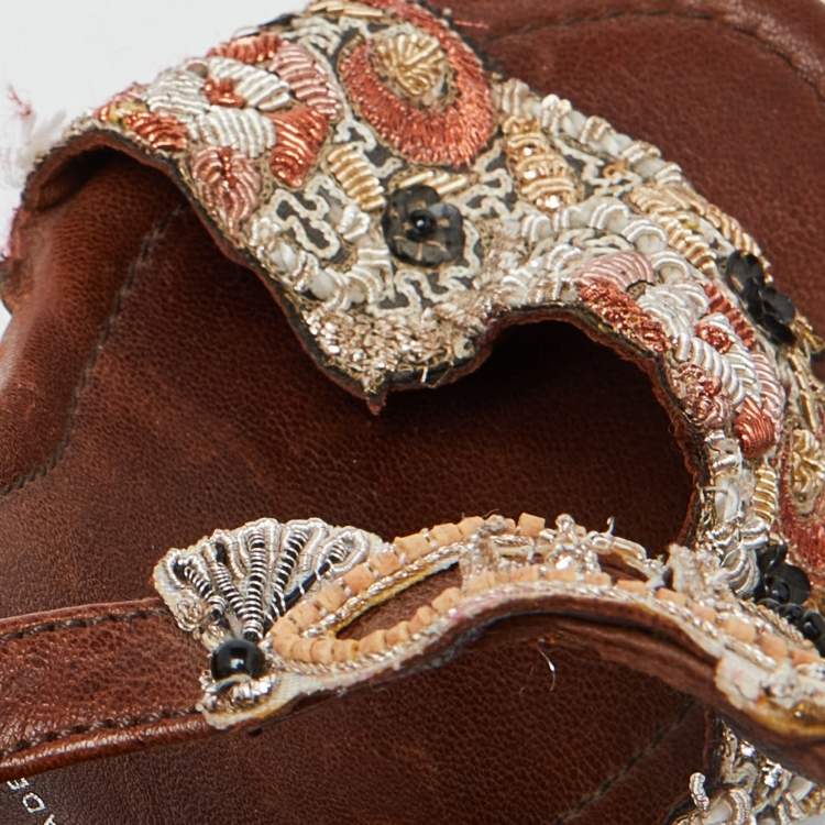 Pre Owned Miu Miu Brown Leather and Embroidered Fabric Wedge Platform Ankle Strap Sandals Size 37