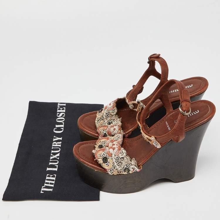 Pre Owned Miu Miu Brown Leather and Embroidered Fabric Wedge Platform Ankle Strap Sandals Size 37