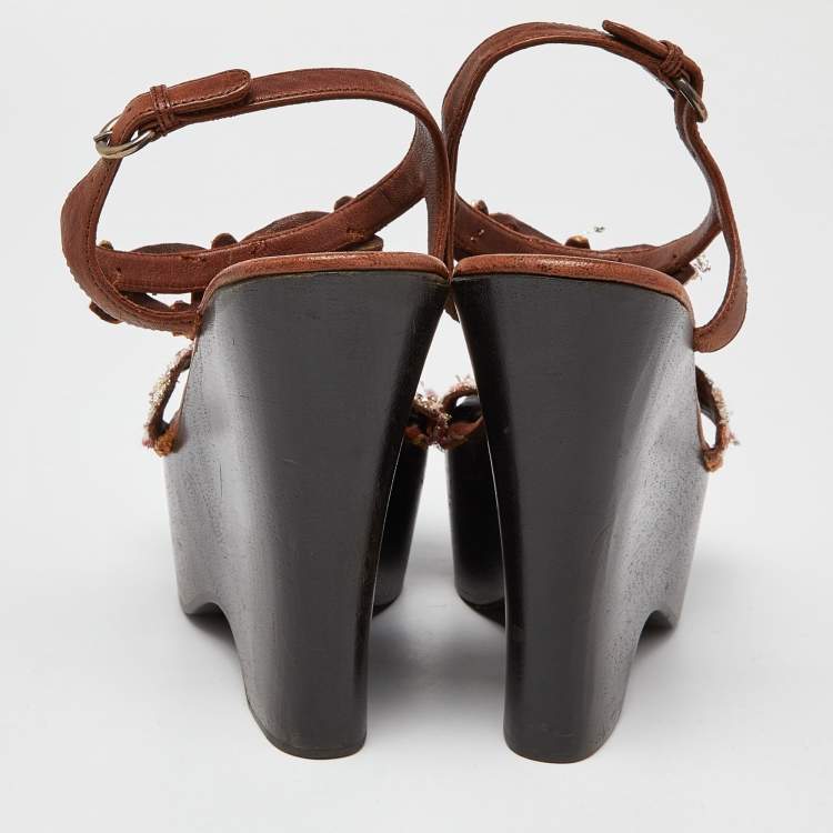 Pre Owned Miu Miu Brown Leather and Embroidered Fabric Wedge Platform Ankle Strap Sandals Size 37