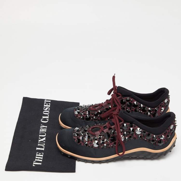 Pre Owned Miu Miu Black/Burgundy Embellished Fabric and Satin Astro Sneakers Size 39