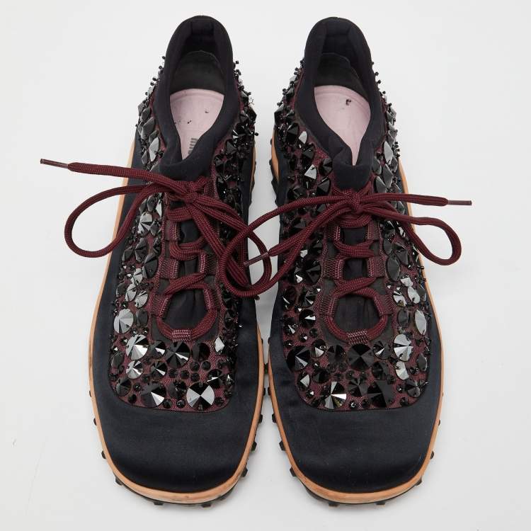 Pre Owned Miu Miu Black/Burgundy Embellished Fabric and Satin Astro Sneakers Size 39