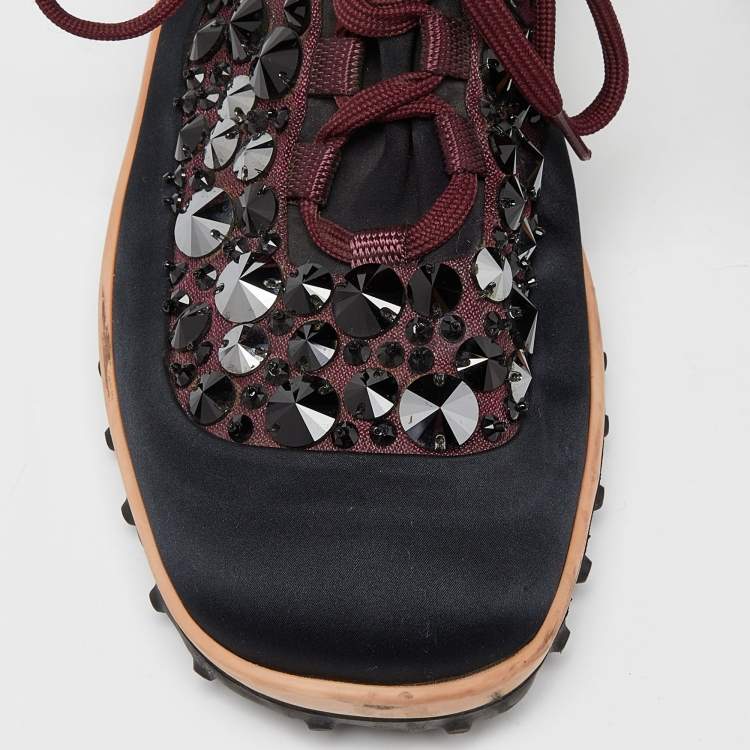 Pre Owned Miu Miu Black/Burgundy Embellished Fabric and Satin Astro Sneakers Size 39