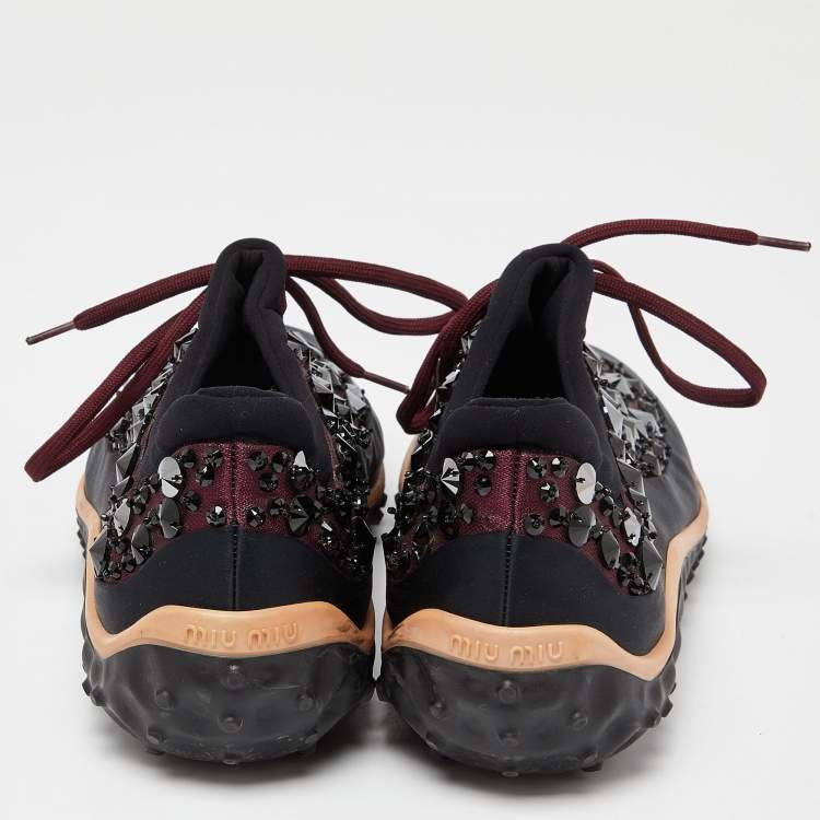 Pre Owned Miu Miu Black/Burgundy Embellished Fabric and Satin Astro Sneakers Size 39