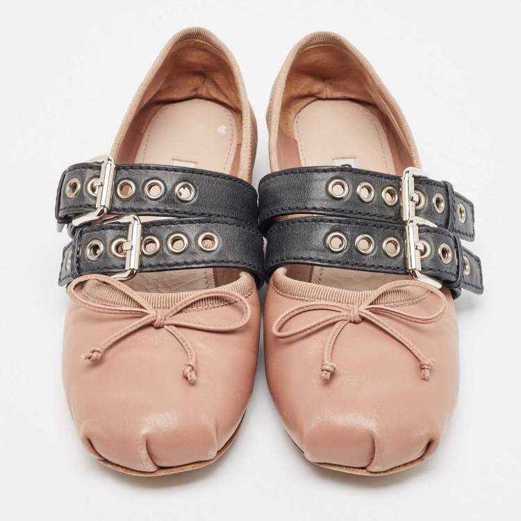 Pre Owned Miu Miu Dusty Pink and Black Leather Buckle Detail Bow Ballet Flats Size 36
