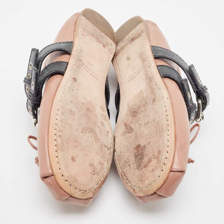 Pre Owned Miu Miu Dusty Pink and Black Leather Buckle Detail Bow Ballet Flats Size 36