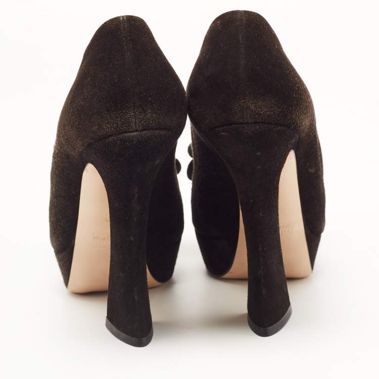 Pre Owned Miu Miu Black Suede Bow Peep Toe Platform Pumps Size 36