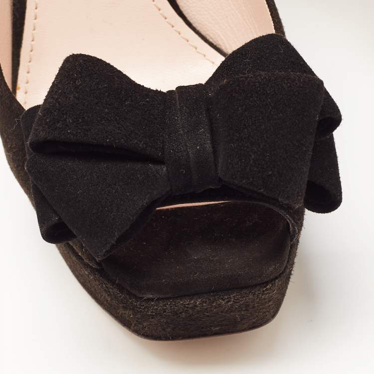 Pre Owned Miu Miu Black Suede Bow Peep Toe Platform Pumps Size 36