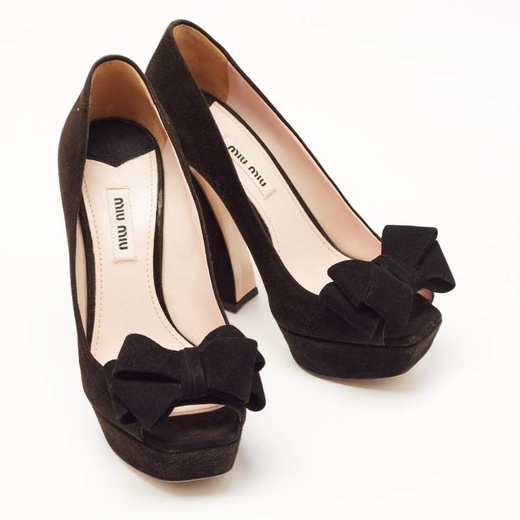 Pre Owned Miu Miu Black Suede Bow Peep Toe Platform Pumps Size 36