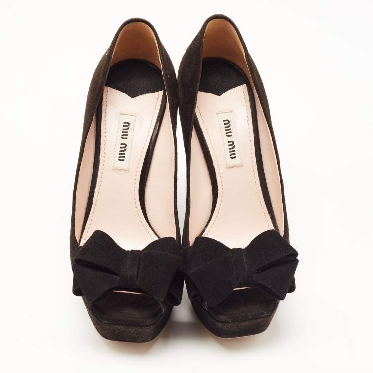 Pre Owned Miu Miu Black Suede Bow Peep Toe Platform Pumps Size 36