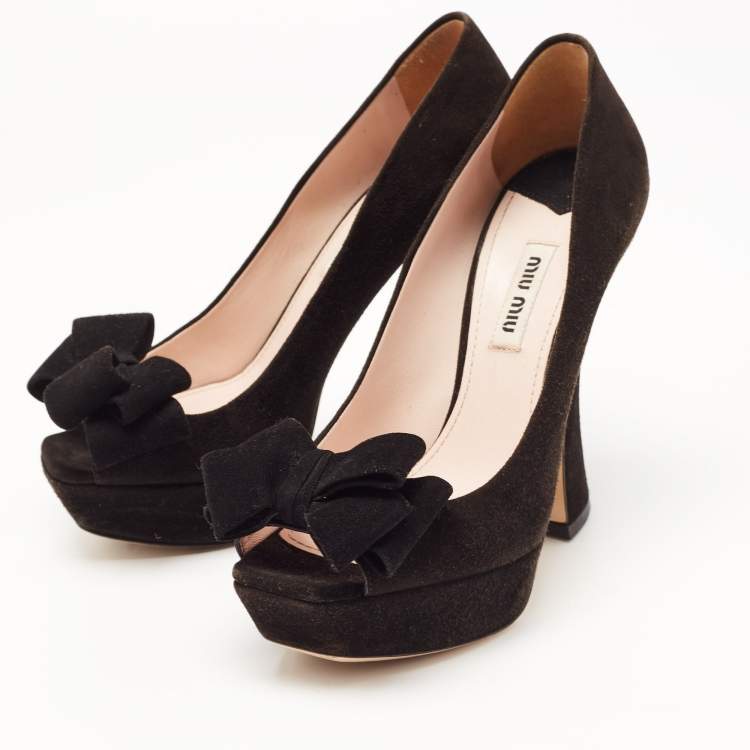 Pre Owned Miu Miu Black Suede Bow Peep Toe Platform Pumps Size 36