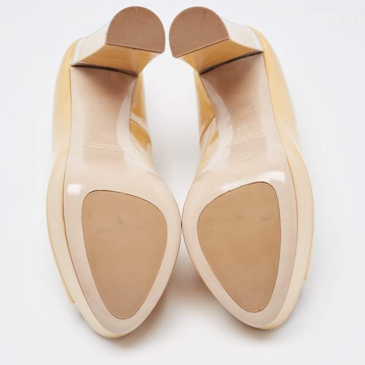 Pre Owned Miu Miu Beige Patent Leather Peep Toe Platform Pumps Size 36