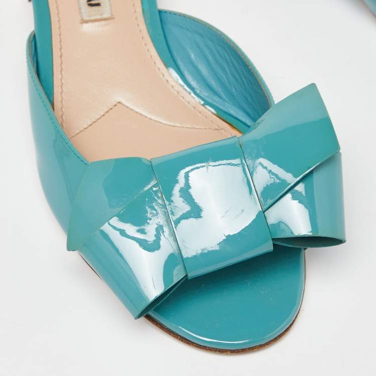 Pre Owned Miu Miu Green Patent Leather Bow Crystal Embellished Heel Slide Sandals Size 36