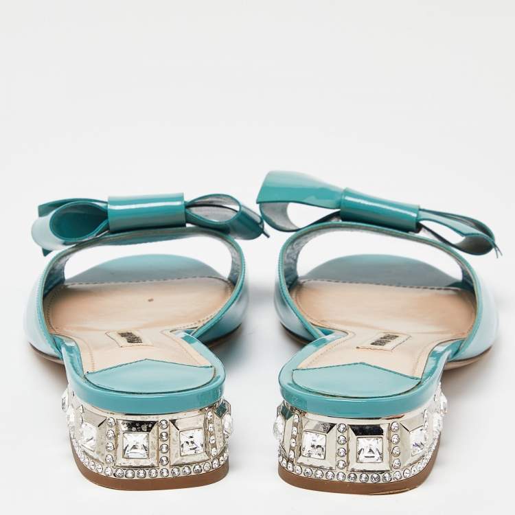 Pre Owned Miu Miu Green Patent Leather Bow Crystal Embellished Heel Slide Sandals Size 36