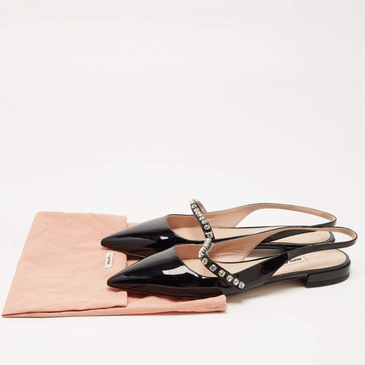 Pre Owned Miu Miu Black Patent Leather Slingback Crystal Embellished Mary Jane Flats Size 37.5