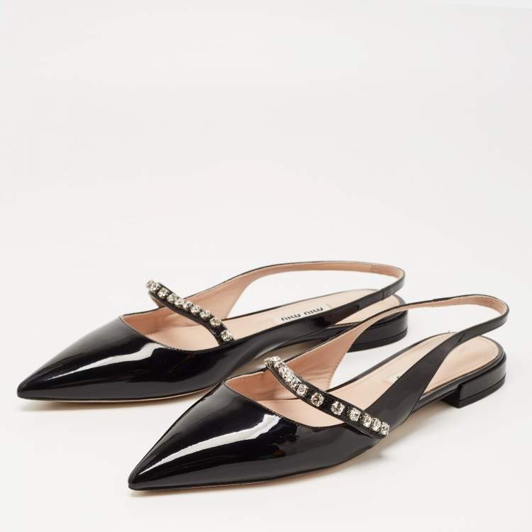 Pre Owned Miu Miu Black Patent Leather Slingback Crystal Embellished Mary Jane Flats Size 37.5
