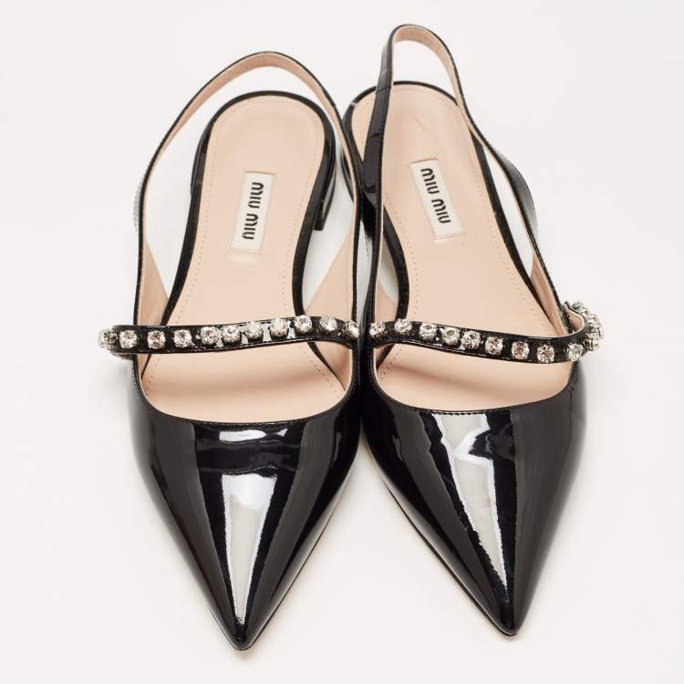 Pre Owned Miu Miu Black Patent Leather Slingback Crystal Embellished Mary Jane Flats Size 37.5