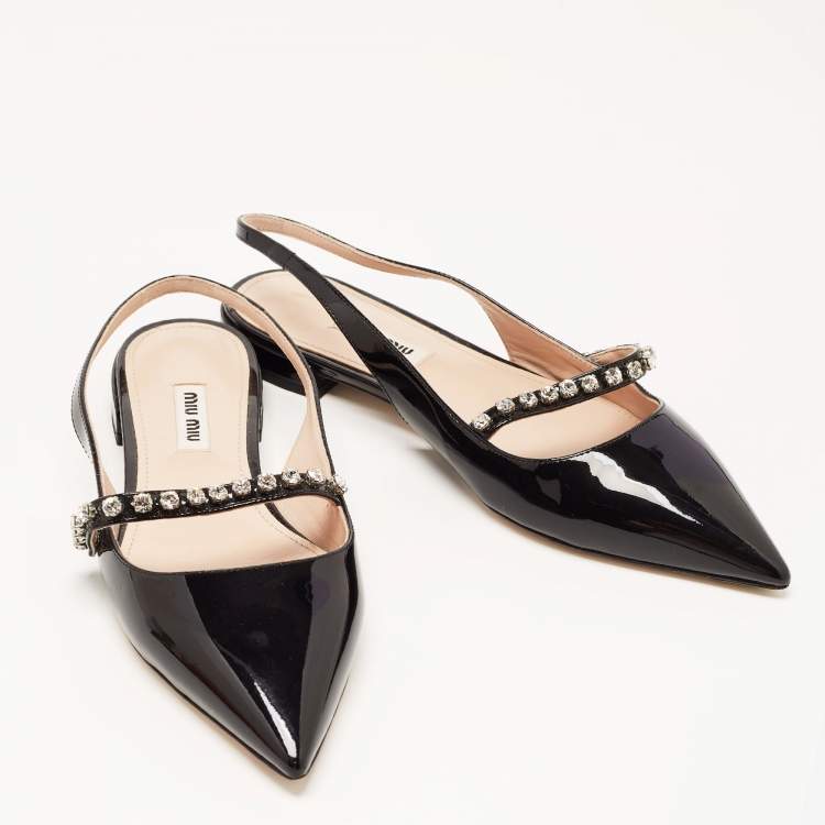 Pre Owned Miu Miu Black Patent Leather Slingback Crystal Embellished Mary Jane Flats Size 37.5