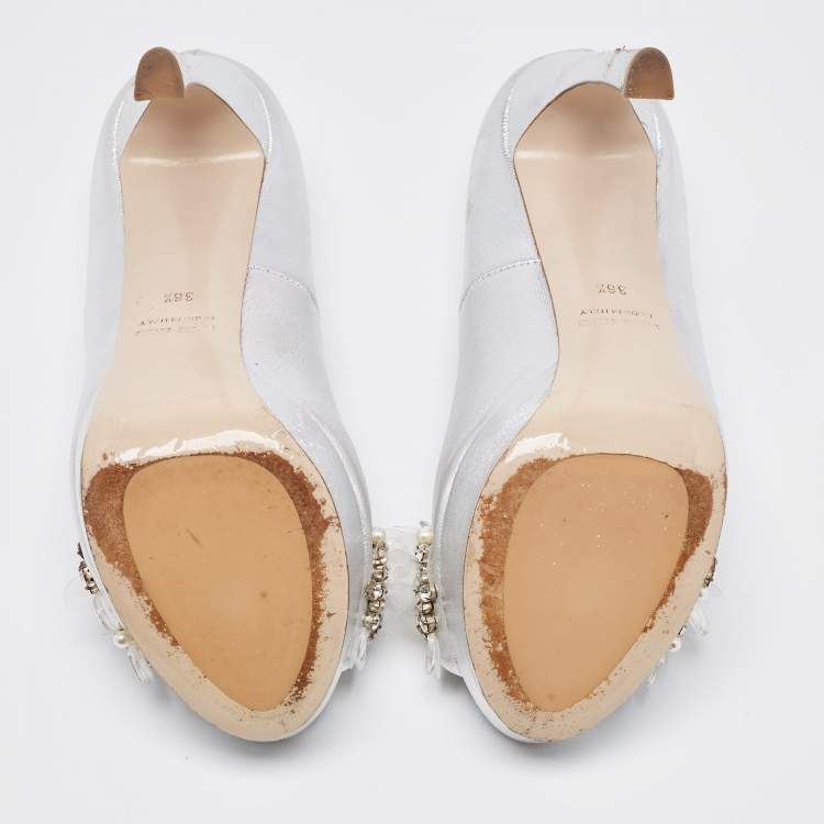 Pre Owned Miu Miu Silver Leather Embellished Peep Toe Platform Pumps Size 36.5