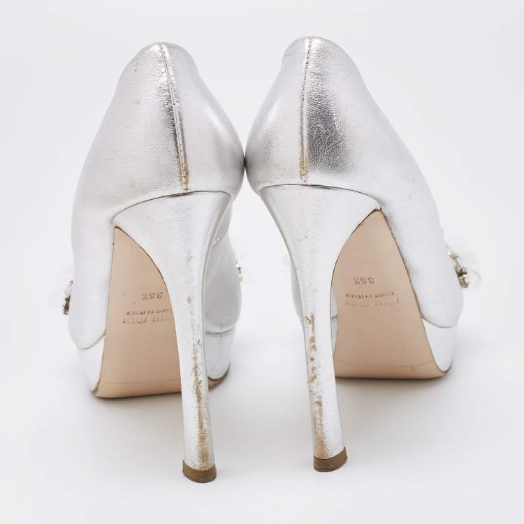 Pre Owned Miu Miu Silver Leather Embellished Peep Toe Platform Pumps Size 36.5