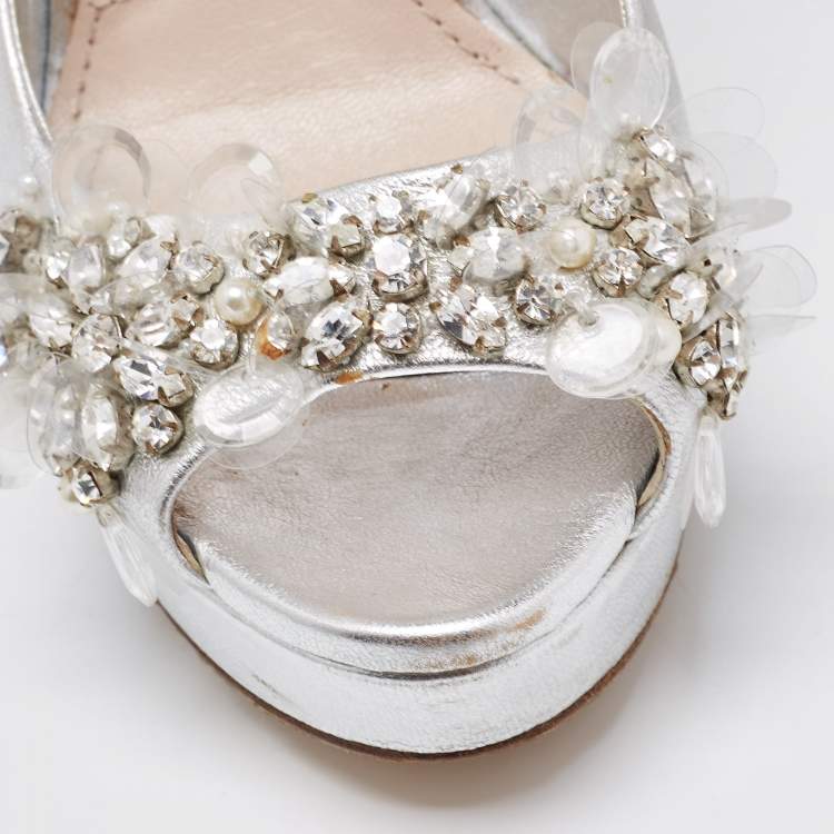Pre Owned Miu Miu Silver Leather Embellished Peep Toe Platform Pumps Size 36.5