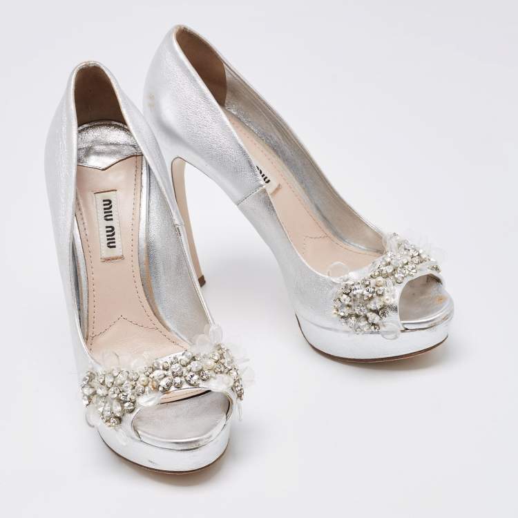 Pre Owned Miu Miu Silver Leather Embellished Peep Toe Platform Pumps Size 36.5