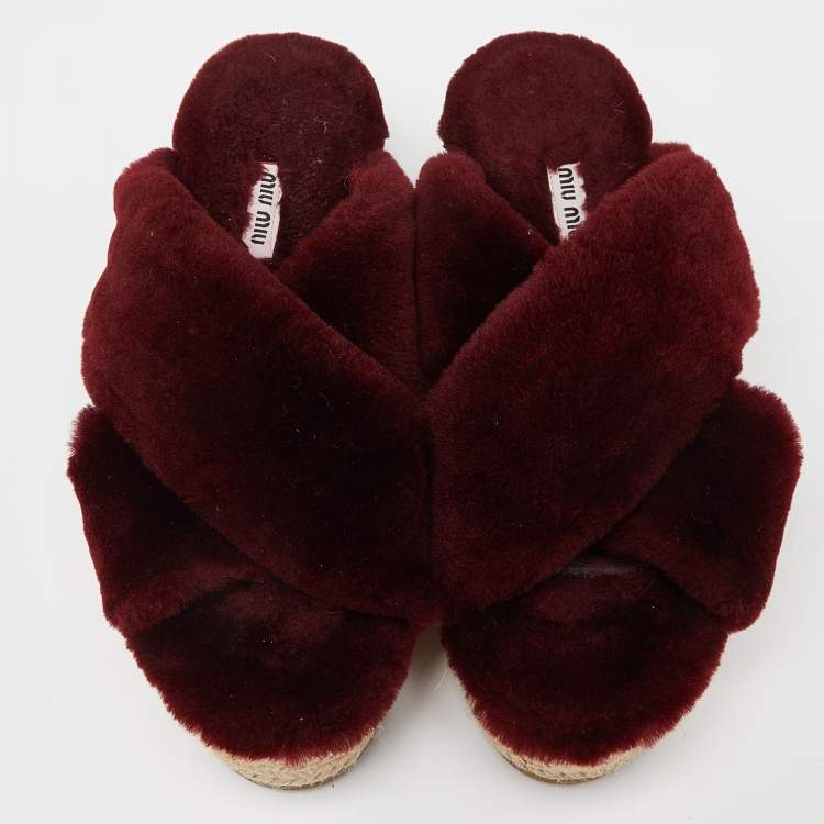 Pre Owned Miu Miu Burgundy Wool Cross Strap Platform Espadrille Sandals Size 39