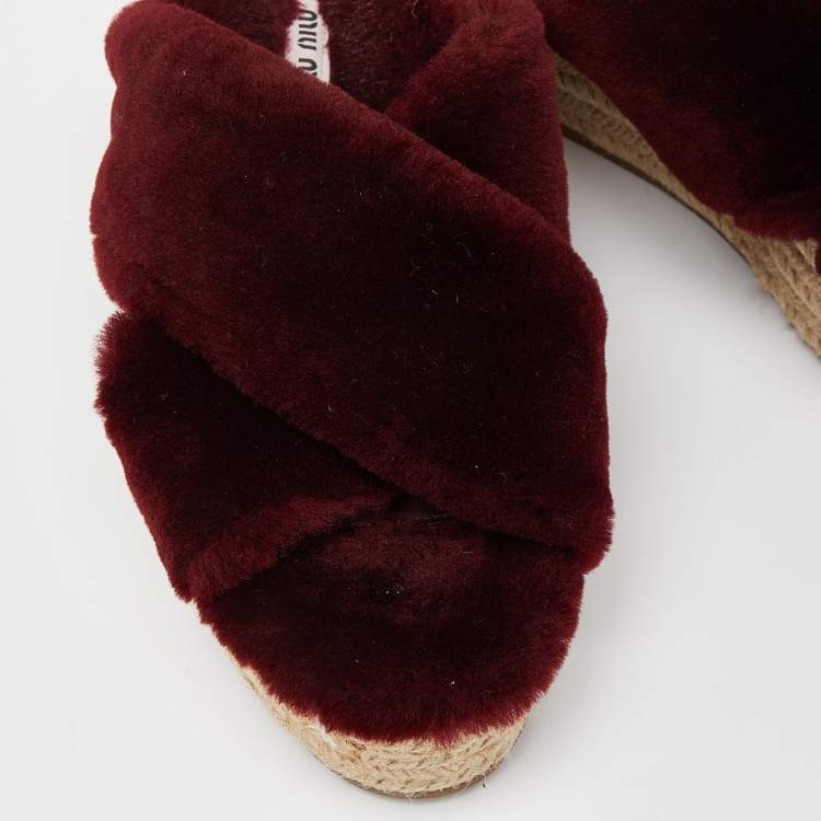 Pre Owned Miu Miu Burgundy Wool Cross Strap Platform Espadrille Sandals Size 39