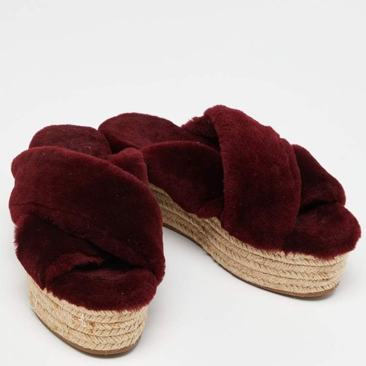 Pre Owned Miu Miu Burgundy Wool Cross Strap Platform Espadrille Sandals Size 39