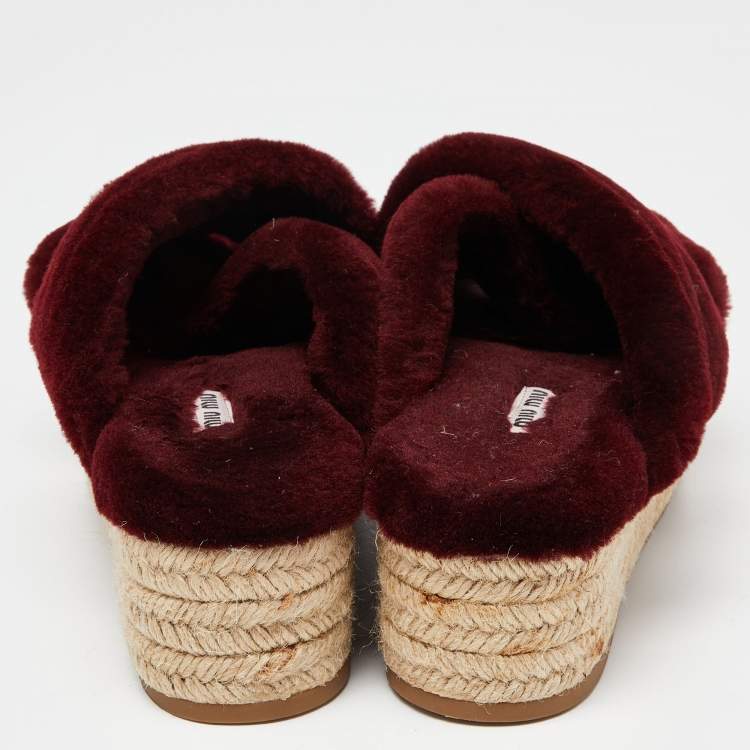 Pre Owned Miu Miu Burgundy Wool Cross Strap Platform Espadrille Sandals Size 39