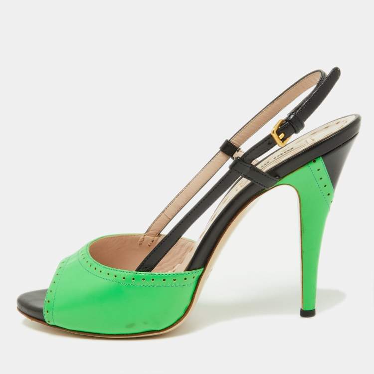 Pre Owned Miu Miu Green/Black Leather Slingback Peep Toe Sandals Size 37.5