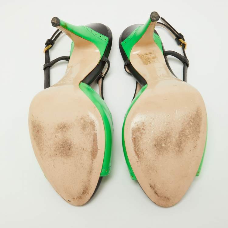 Pre Owned Miu Miu Green/Black Leather Slingback Peep Toe Sandals Size 37.5