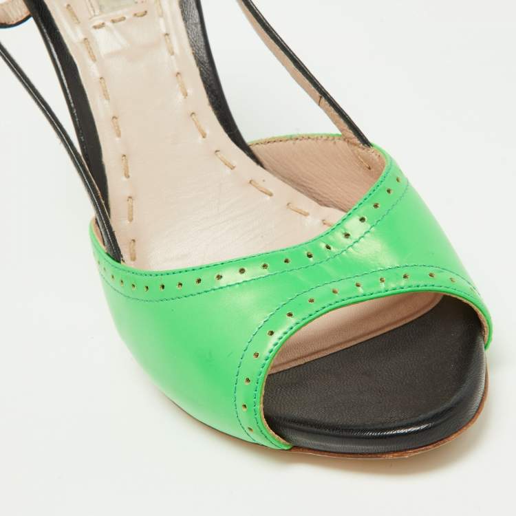 Pre Owned Miu Miu Green/Black Leather Slingback Peep Toe Sandals Size 37.5