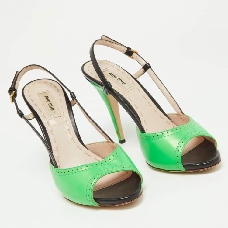Pre Owned Miu Miu Green/Black Leather Slingback Peep Toe Sandals Size 37.5