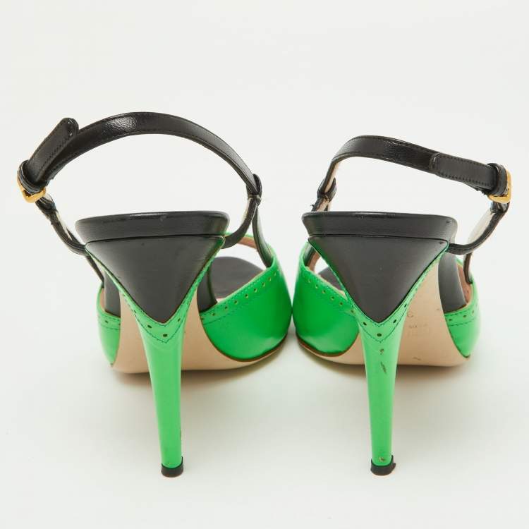 Pre Owned Miu Miu Green/Black Leather Slingback Peep Toe Sandals Size 37.5