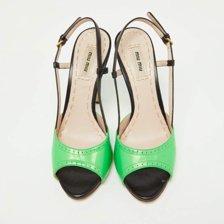 Pre Owned Miu Miu Green/Black Leather Slingback Peep Toe Sandals Size 37.5