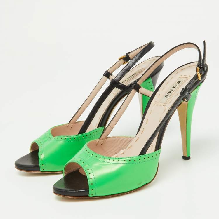 Pre Owned Miu Miu Green/Black Leather Slingback Peep Toe Sandals Size 37.5