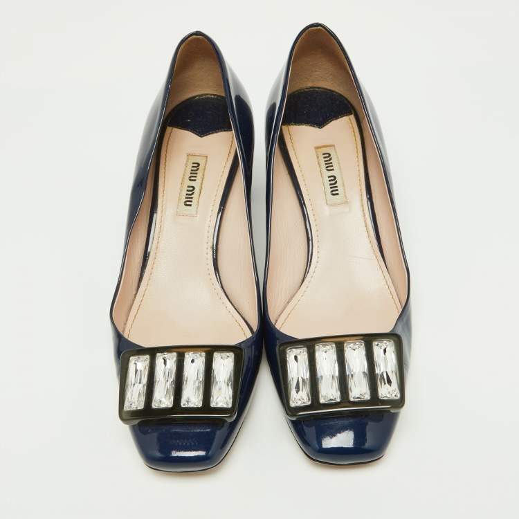 Pre Owned Miu Miu Blue Patent Leather Crystal Embellished Pumps Size 38