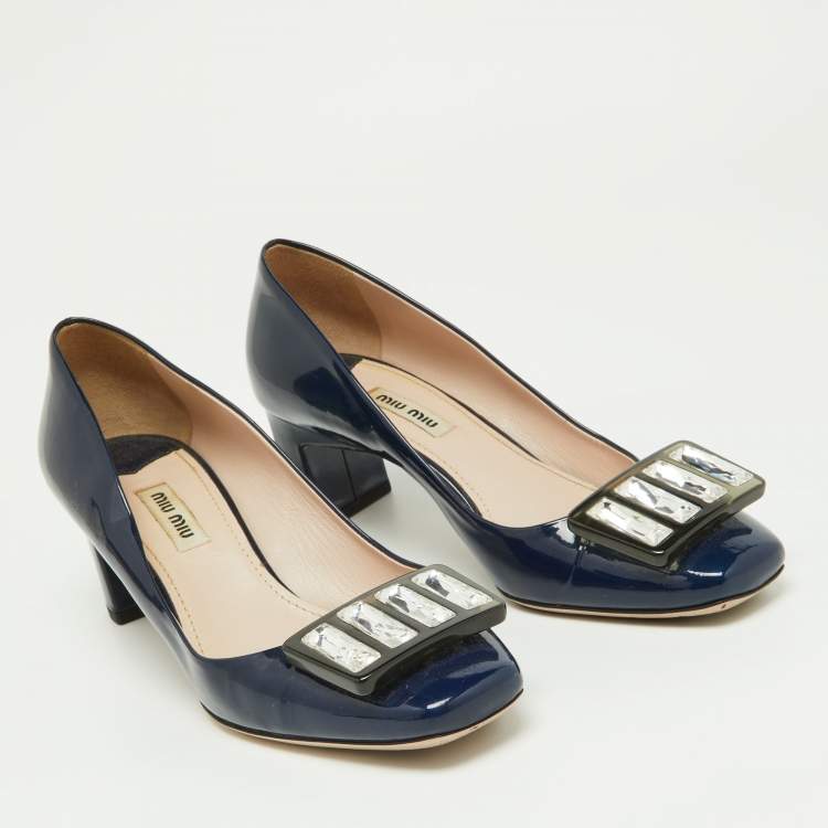 Pre Owned Miu Miu Blue Patent Leather Crystal Embellished Pumps Size 38
