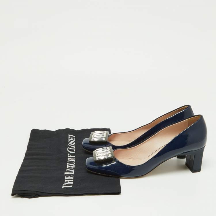 Pre Owned Miu Miu Blue Patent Leather Crystal Embellished Pumps Size 38