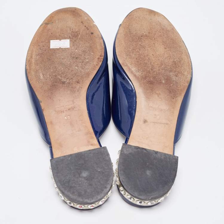 Pre Owned Miu Miu Navy Blue Patent Leather Bow Detail Jeweled Heel Flat Slides Size 39
