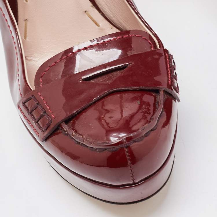 Pre Owned Miu Miu Burgundy Patent Leather Penny Loafer Platform Pumps Size 39.5