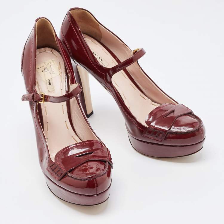 Pre Owned Miu Miu Burgundy Patent Leather Penny Loafer Platform Pumps Size 39.5