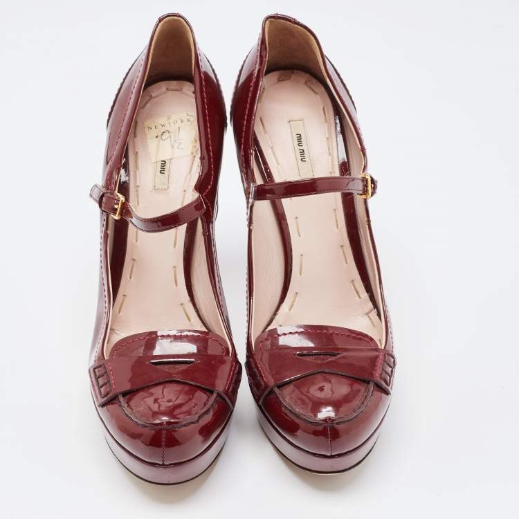 Pre Owned Miu Miu Burgundy Patent Leather Penny Loafer Platform Pumps Size 39.5