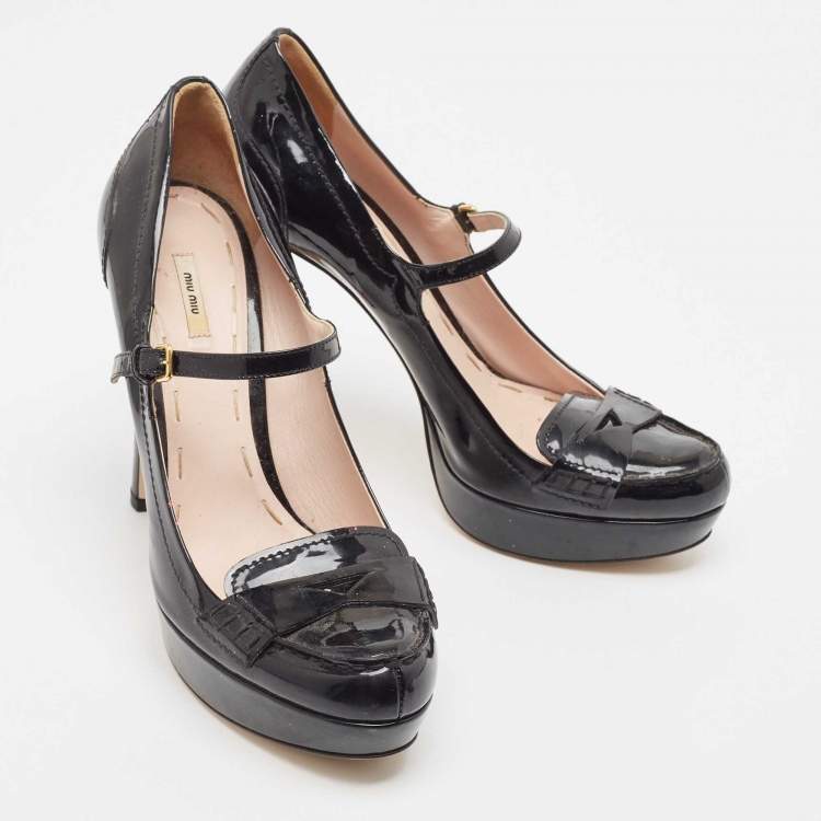 Pre Owned Miu Miu Black Patent Leather Platform Mary Jane Loafer Pumps Size 40