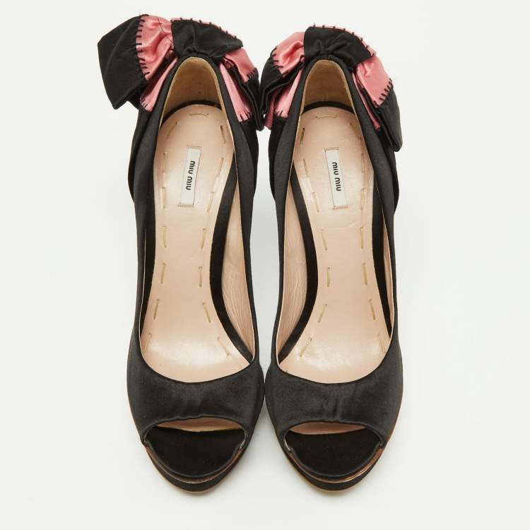 Pre Owned Miu Miu Black/Pink Satin Bow Peep Toe Pumps Size 38.5