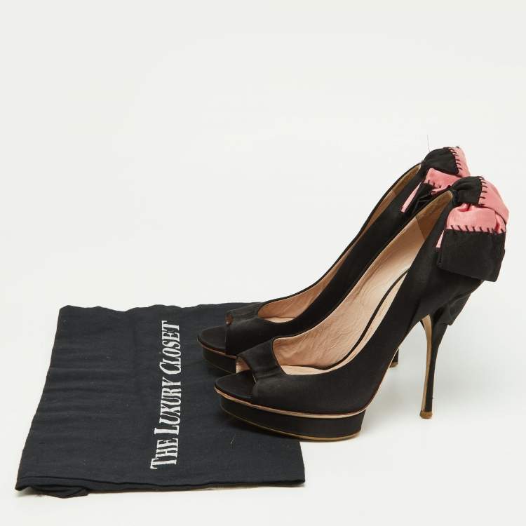 Pre Owned Miu Miu Black/Pink Satin Bow Peep Toe Pumps Size 38.5