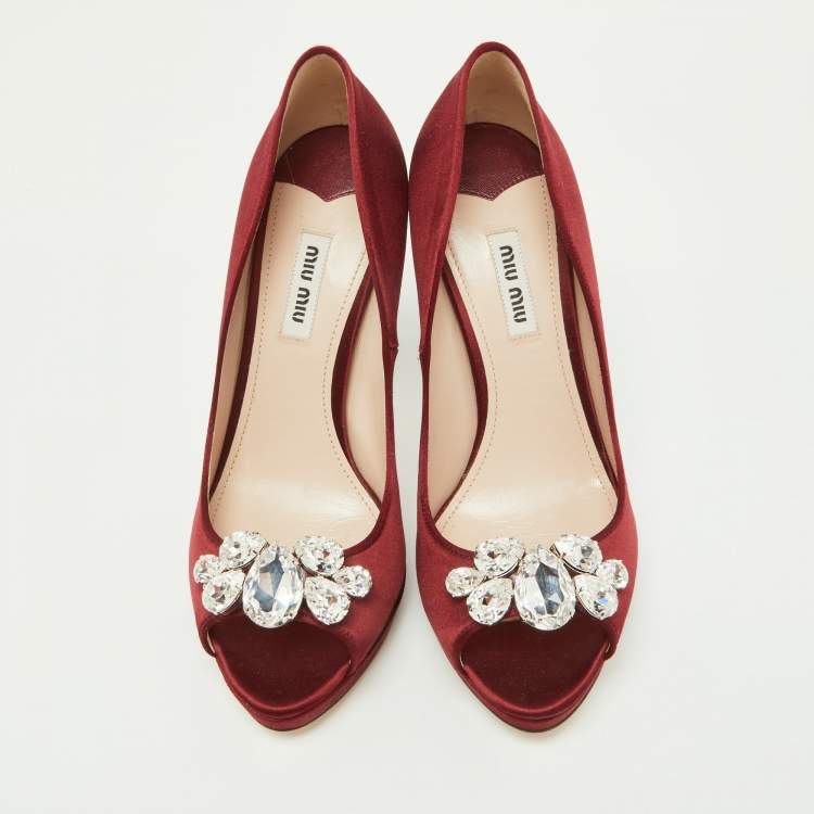 Pre Owned Miu Miu Burgundy Satin Crystal Embellished Heel Peep-Toe Pumps Size 38