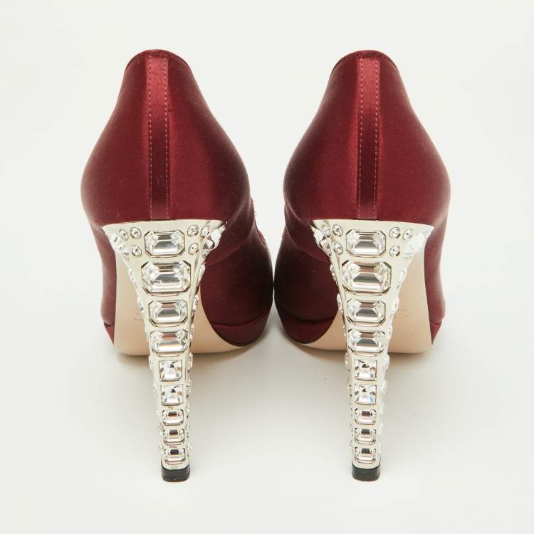 Pre Owned Miu Miu Burgundy Satin Crystal Embellished Heel Peep-Toe Pumps Size 38