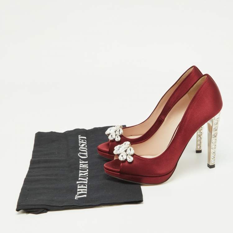 Pre Owned Miu Miu Burgundy Satin Crystal Embellished Heel Peep-Toe Pumps Size 38